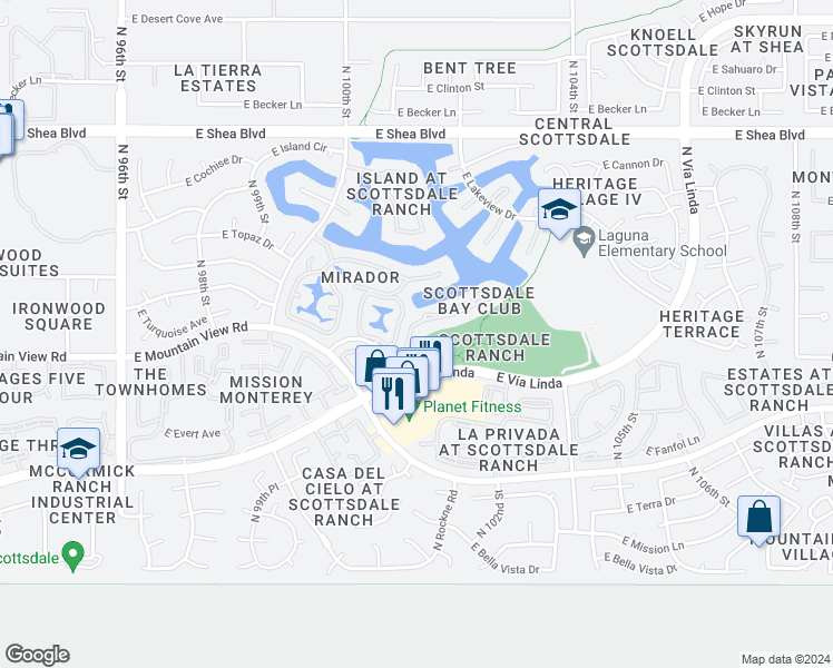 map of restaurants, bars, coffee shops, grocery stores, and more near 40080 East Mountain View Road in Scottsdale