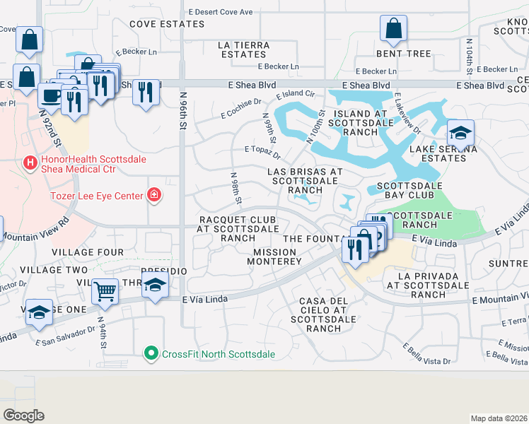 map of restaurants, bars, coffee shops, grocery stores, and more near 9998 East Purdue Avenue in Scottsdale