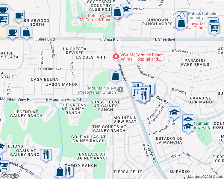 map of restaurants, bars, coffee shops, grocery stores, and more near 9899 North 79th Way in Scottsdale
