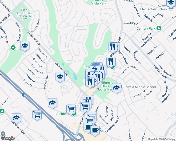 map of restaurants, bars, coffee shops, grocery stores, and more near 40592 Vía Amapola in Murrieta