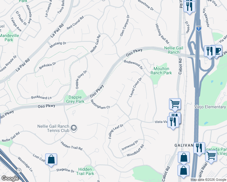 map of restaurants, bars, coffee shops, grocery stores, and more near 25606 Stratford Place in Laguna Hills