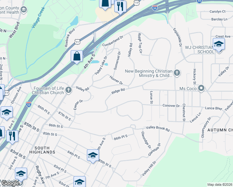map of restaurants, bars, coffee shops, grocery stores, and more near 520 Ridge Road in Birmingham