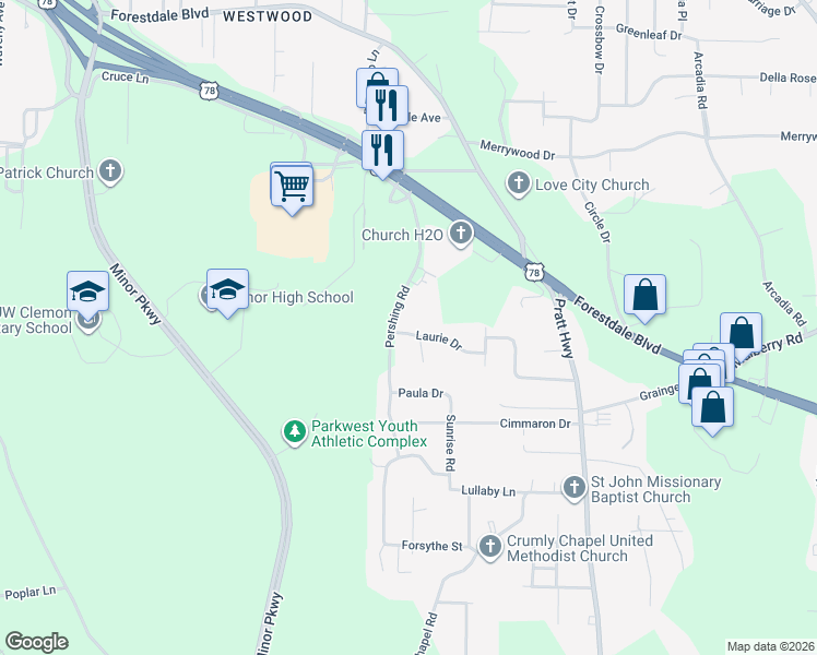 map of restaurants, bars, coffee shops, grocery stores, and more near 444 Laurie Drive in Birmingham