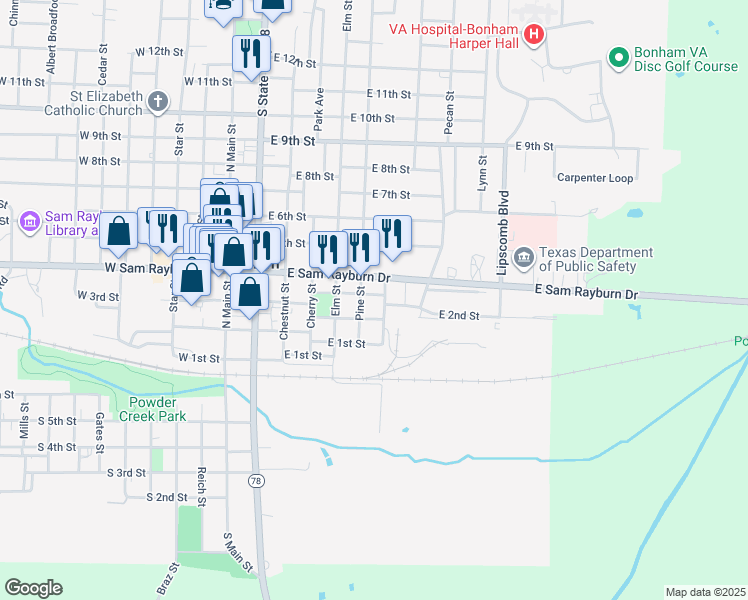 map of restaurants, bars, coffee shops, grocery stores, and more near 701 East 3rd Street in Bonham