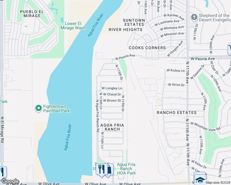 map of restaurants, bars, coffee shops, grocery stores, and more near 11572 West Cheryl Drive in Youngtown