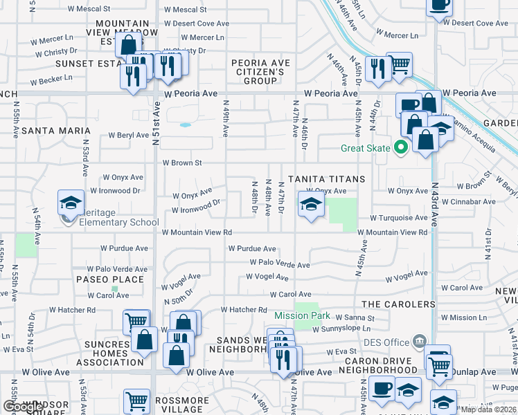 map of restaurants, bars, coffee shops, grocery stores, and more near 9835 North 48th Drive in Glendale
