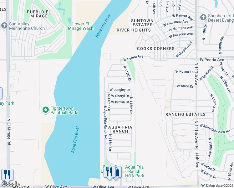 map of restaurants, bars, coffee shops, grocery stores, and more near 11602 West Cheryl Drive in Youngtown
