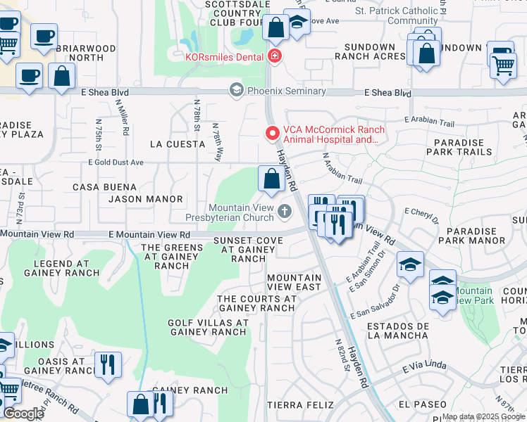 map of restaurants, bars, coffee shops, grocery stores, and more near 9899 North 79th Way in Scottsdale
