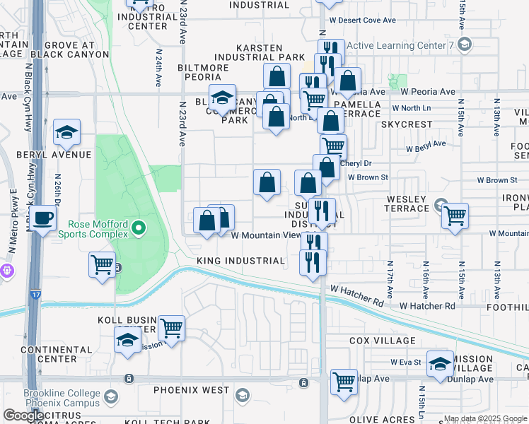 map of restaurants, bars, coffee shops, grocery stores, and more near 2014 West Ironwood Drive in Phoenix