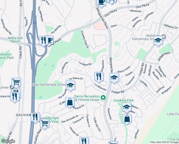 map of restaurants, bars, coffee shops, grocery stores, and more near 26626 Guadiana in Mission Viejo
