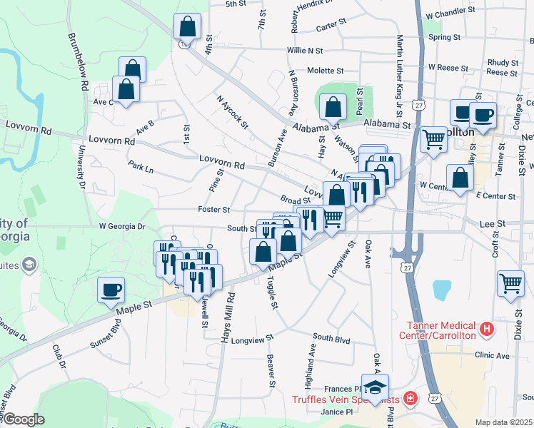 map of restaurants, bars, coffee shops, grocery stores, and more near 126 Foster Street in Carrollton