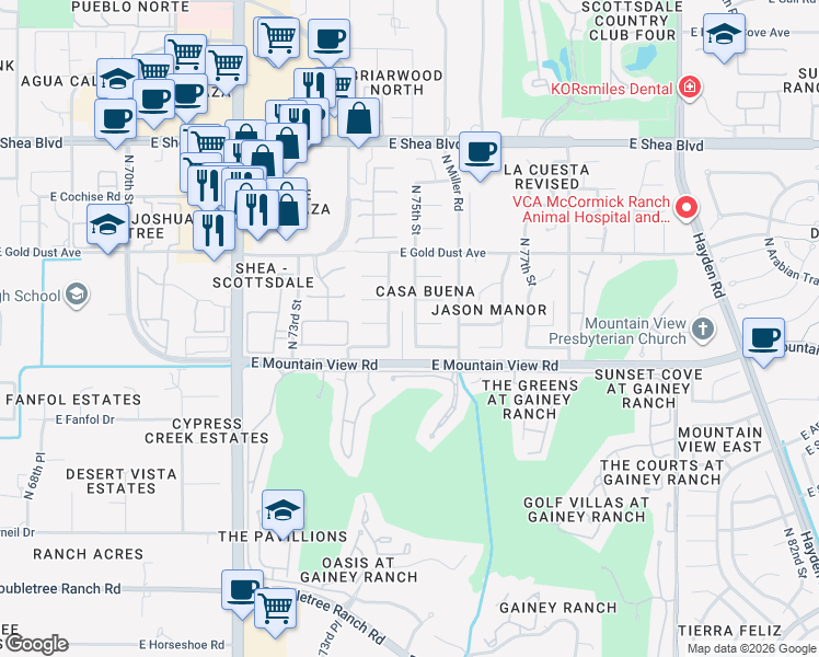 map of restaurants, bars, coffee shops, grocery stores, and more near 9830 North 75th Street in Scottsdale