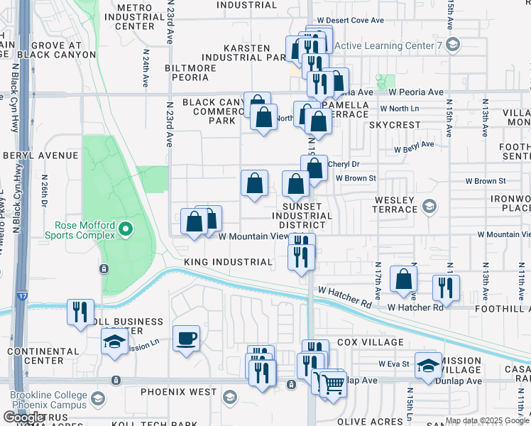 map of restaurants, bars, coffee shops, grocery stores, and more near 2014 West Ironwood Drive in Phoenix