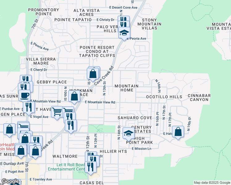 map of restaurants, bars, coffee shops, grocery stores, and more near 1329 East Cinnabar Avenue in Phoenix