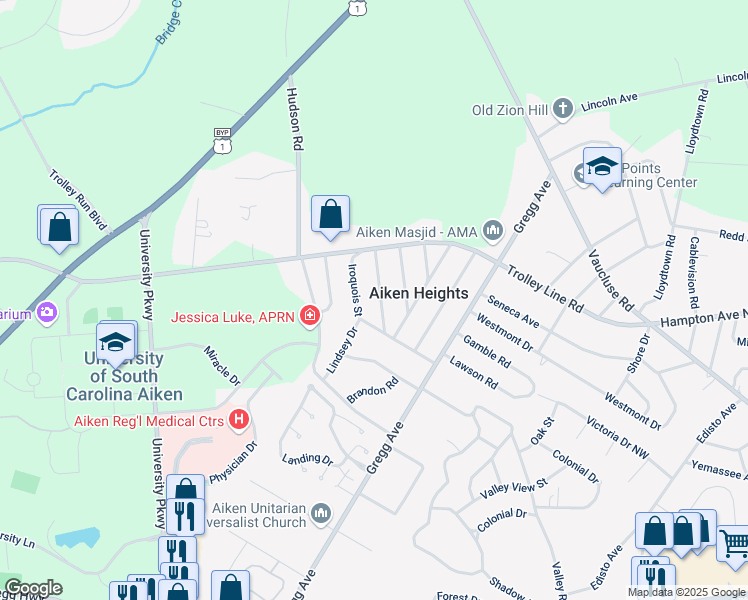 map of restaurants, bars, coffee shops, grocery stores, and more near 109 Kenmont Street in Aiken