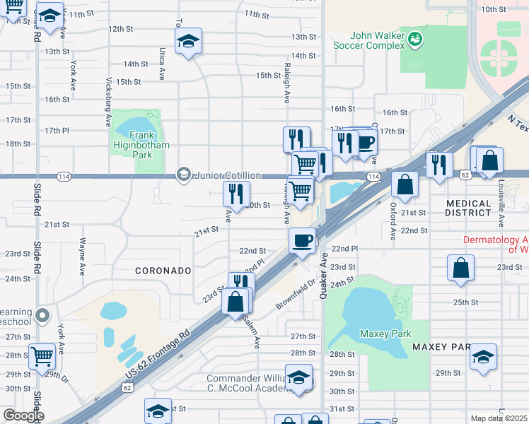 map of restaurants, bars, coffee shops, grocery stores, and more near 4507 20th St in Lubbock