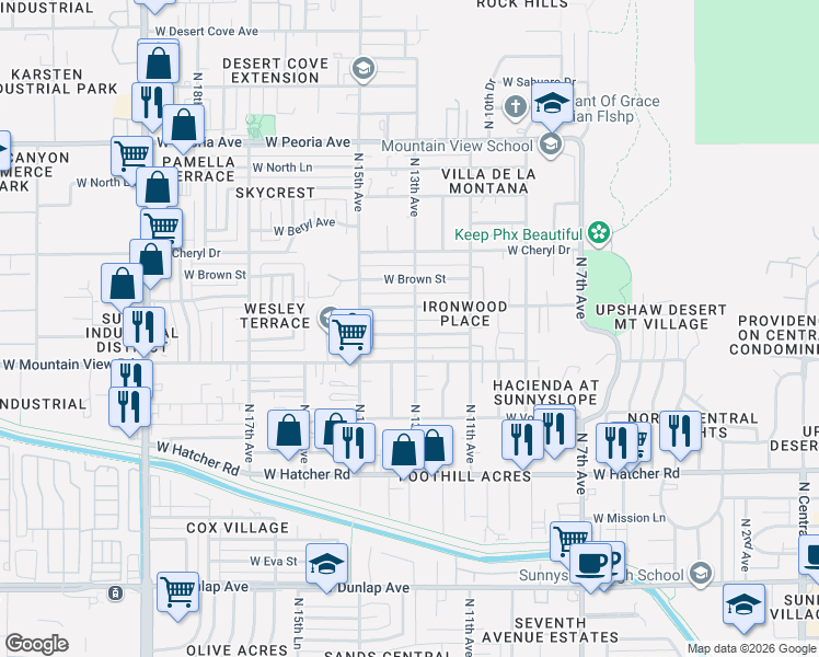 map of restaurants, bars, coffee shops, grocery stores, and more near 9830 North 13th Avenue in Phoenix