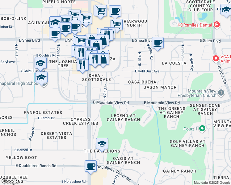 map of restaurants, bars, coffee shops, grocery stores, and more near 7355 East Ironwood Court in Scottsdale