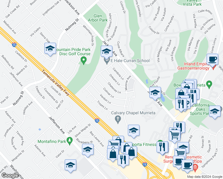 map of restaurants, bars, coffee shops, grocery stores, and more near 24063 Chatenay Lane in Murrieta