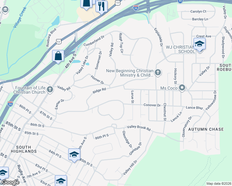 map of restaurants, bars, coffee shops, grocery stores, and more near 604 Ridge Road in Birmingham