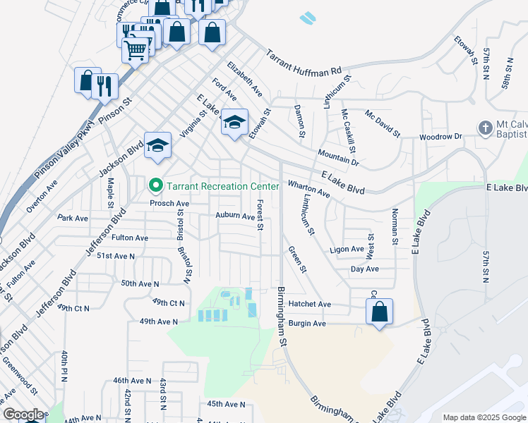 map of restaurants, bars, coffee shops, grocery stores, and more near 1205 Forest Street in Birmingham