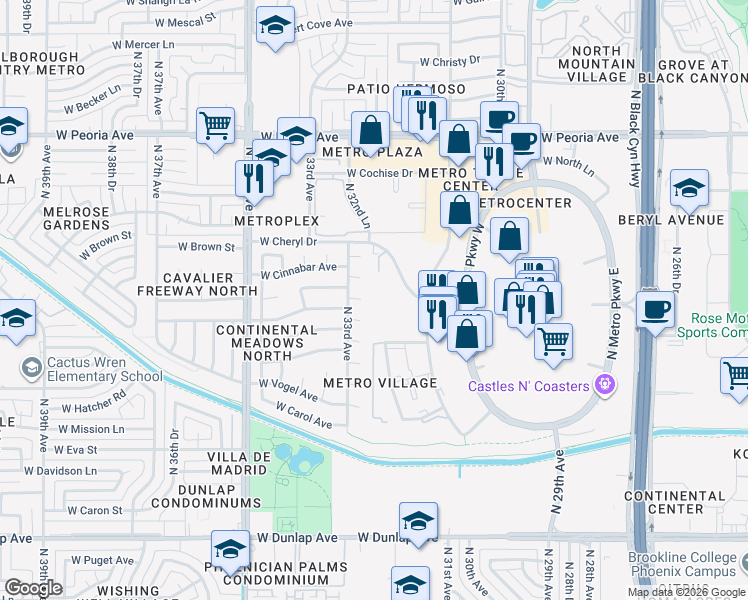 map of restaurants, bars, coffee shops, grocery stores, and more near 3161 West Cheryl Drive in Phoenix