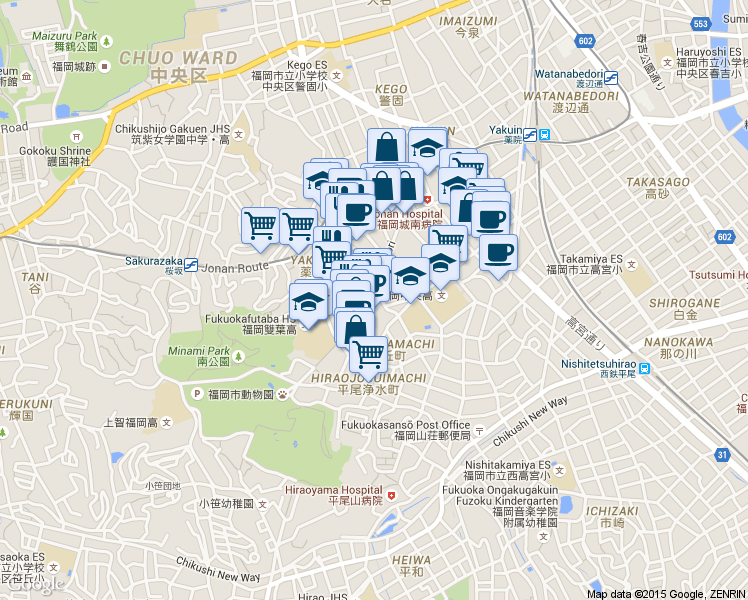 map of restaurants, bars, coffee shops, grocery stores, and more near  in Fukuoka-shi