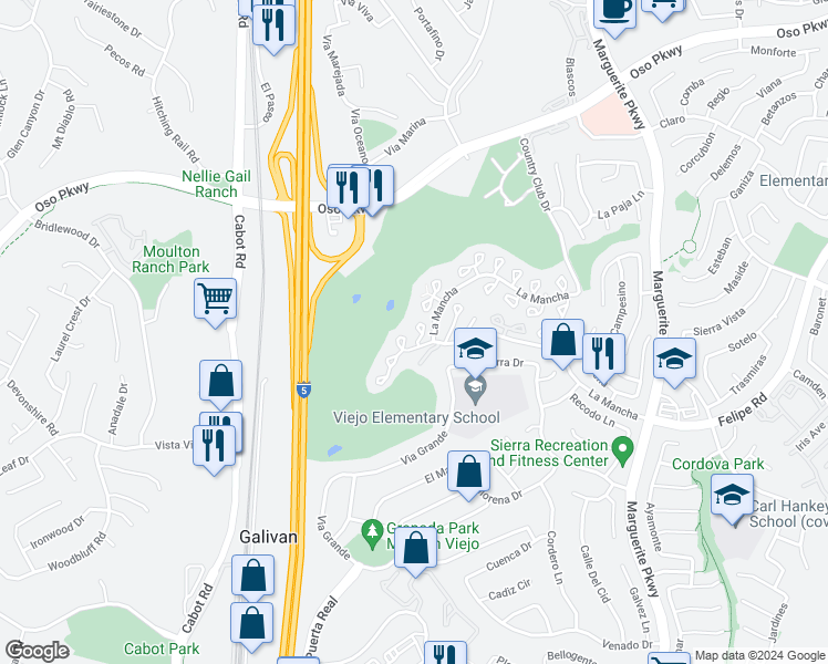map of restaurants, bars, coffee shops, grocery stores, and more near 26621 Verbena in Mission Viejo