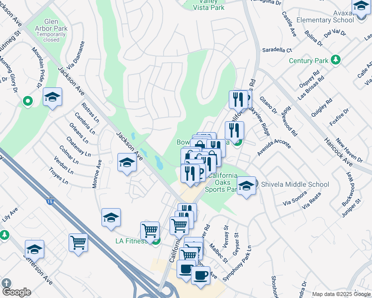 map of restaurants, bars, coffee shops, grocery stores, and more near 40592 Vía Amapola in Murrieta