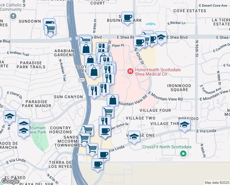 map of restaurants, bars, coffee shops, grocery stores, and more near 9971 North 90th Street in Scottsdale