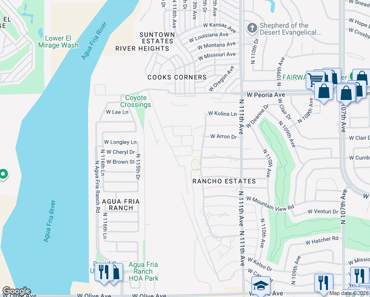 map of restaurants, bars, coffee shops, grocery stores, and more near 10090 North 112th Avenue in Sun City