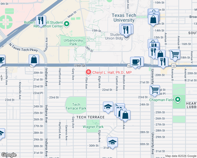 map of restaurants, bars, coffee shops, grocery stores, and more near 3002 21st Street in Lubbock