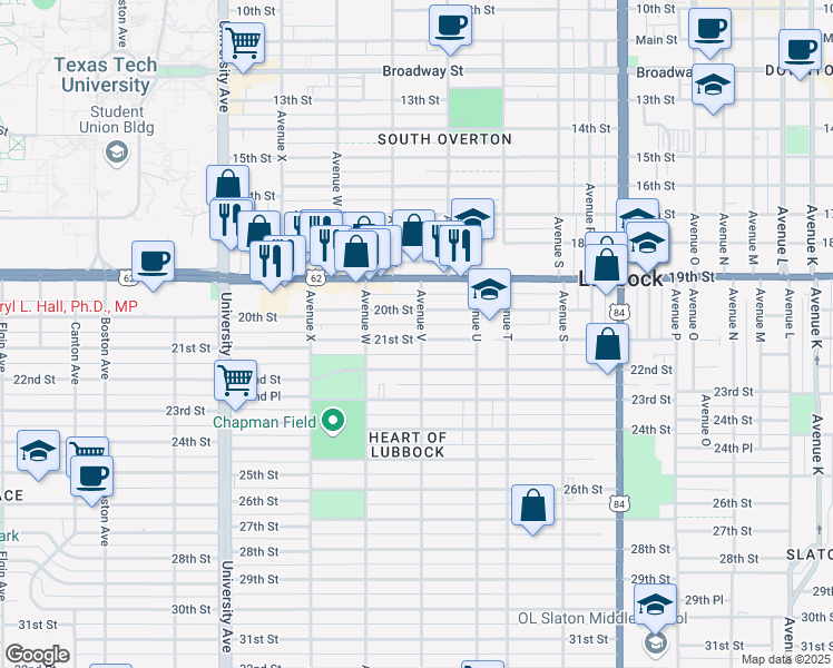 map of restaurants, bars, coffee shops, grocery stores, and more near 2014 Avenue V in Lubbock