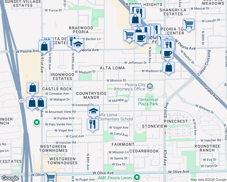 map of restaurants, bars, coffee shops, grocery stores, and more near 8628 W Cinnabar Ave in Peoria