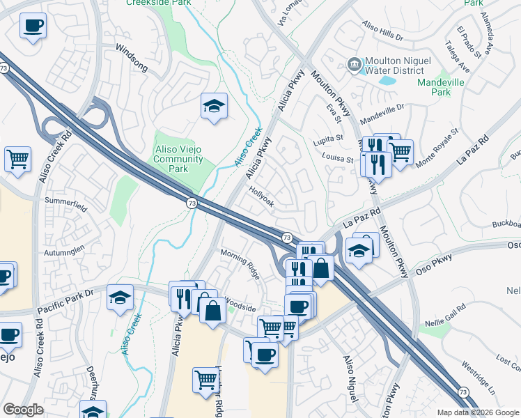 map of restaurants, bars, coffee shops, grocery stores, and more near 24122 Hollyoak in Aliso Viejo