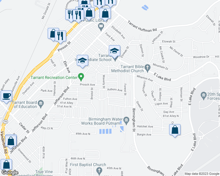 map of restaurants, bars, coffee shops, grocery stores, and more near 1428 Auburn Avenue in Birmingham