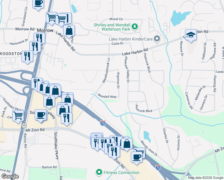map of restaurants, bars, coffee shops, grocery stores, and more near 6564 Wendell Circle in Morrow