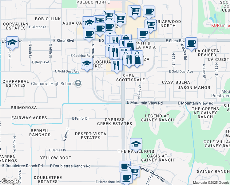 map of restaurants, bars, coffee shops, grocery stores, and more near 9990 North Scottsdale Road in Paradise Valley