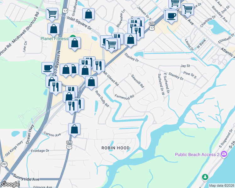 map of restaurants, bars, coffee shops, grocery stores, and more near 565 Fernwood Road in Murrells Inlet