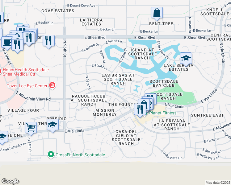 map of restaurants, bars, coffee shops, grocery stores, and more near 9813 North 100th Place in Scottsdale