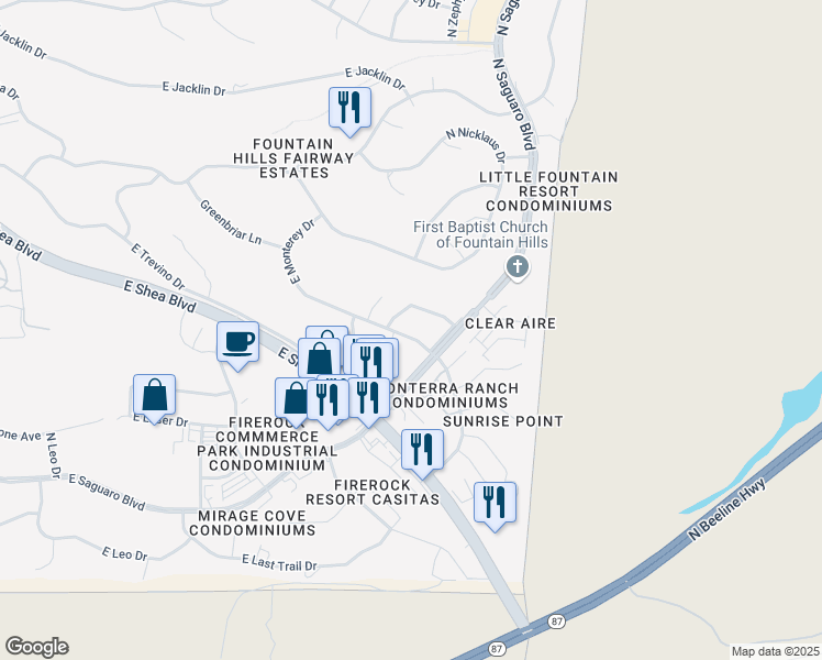 map of restaurants, bars, coffee shops, grocery stores, and more near 17018 East Monterey Drive in Fountain Hills