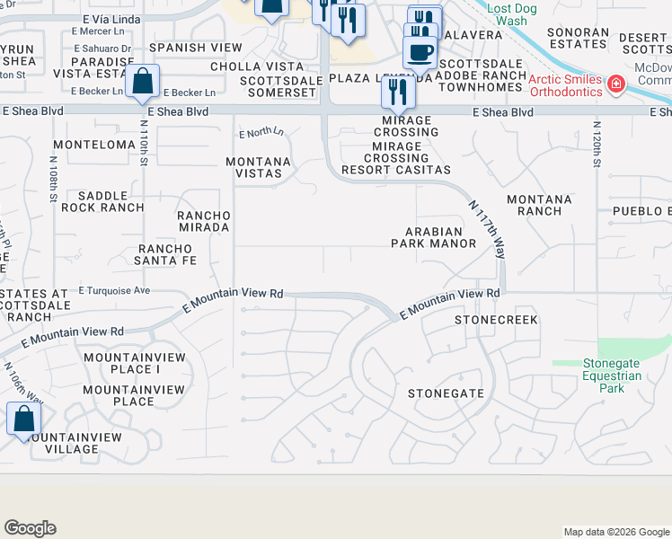 map of restaurants, bars, coffee shops, grocery stores, and more near 11411 East Arabian Park Drive in Scottsdale