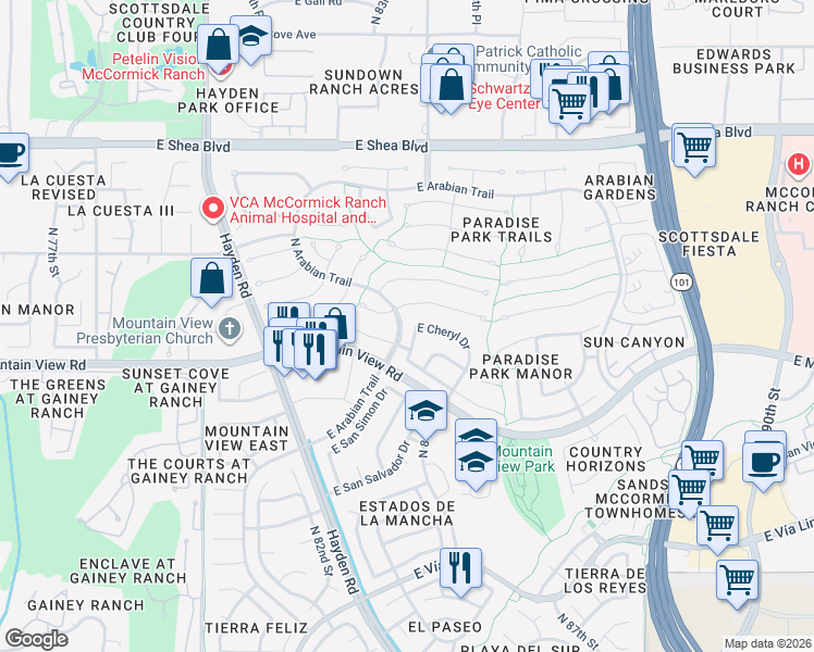 map of restaurants, bars, coffee shops, grocery stores, and more near 8320 East Thoroughbred Trail in Scottsdale