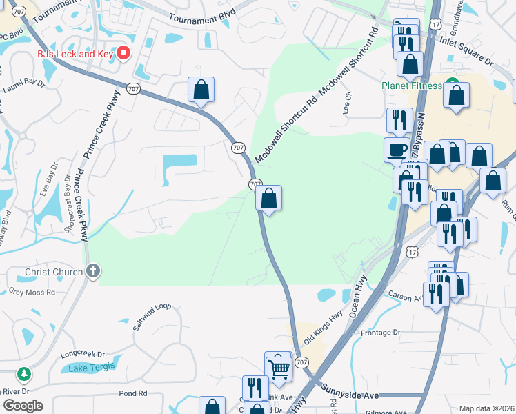 map of restaurants, bars, coffee shops, grocery stores, and more near 12408 Burgess Road in Murrells Inlet