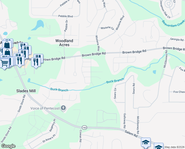 map of restaurants, bars, coffee shops, grocery stores, and more near 105 Bonito Trail in Covington