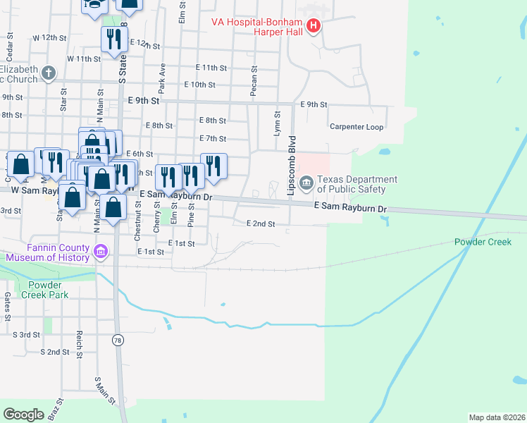 map of restaurants, bars, coffee shops, grocery stores, and more near 904 East 3rd Street in Bonham