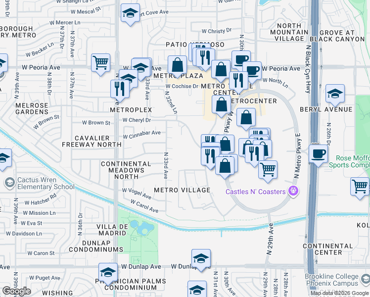 map of restaurants, bars, coffee shops, grocery stores, and more near 3161 West Cheryl Drive in Phoenix
