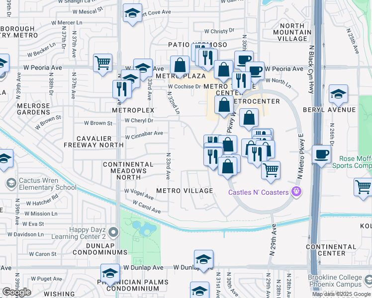 map of restaurants, bars, coffee shops, grocery stores, and more near 3161 West Cheryl Drive in Phoenix