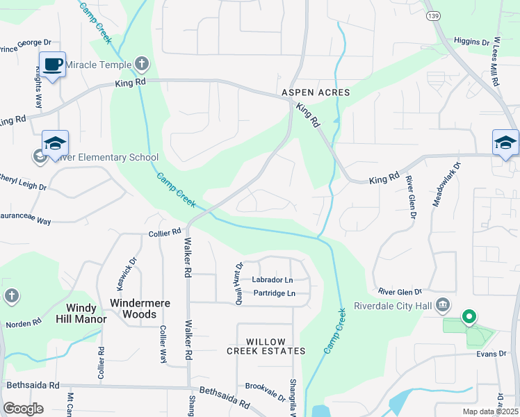 map of restaurants, bars, coffee shops, grocery stores, and more near 6544 Walker Estates Drive in Riverdale