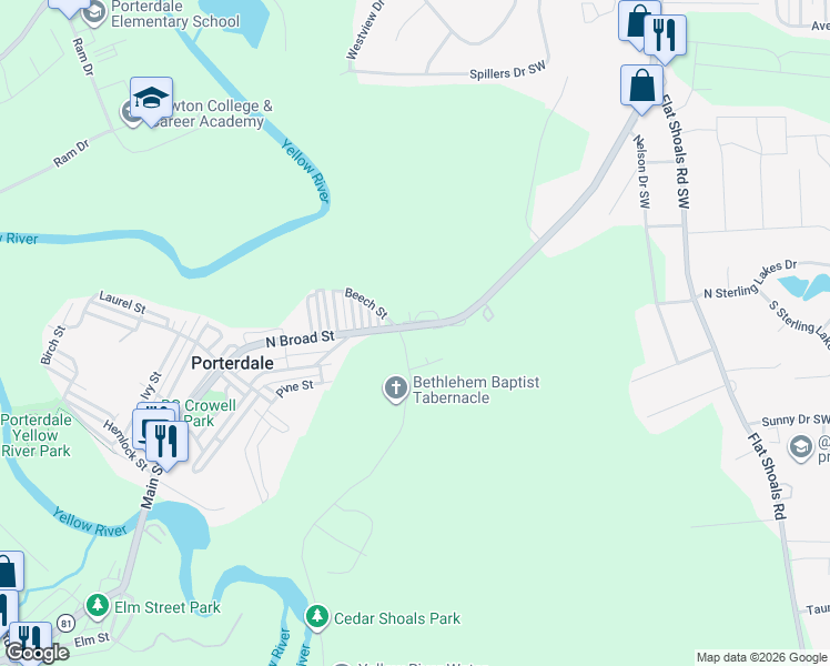 map of restaurants, bars, coffee shops, grocery stores, and more near 42 North Broad Street in Porterdale